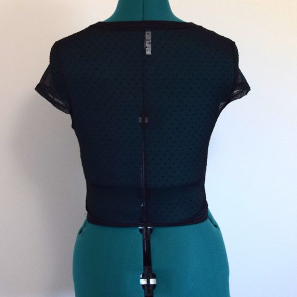 Black Swiss Dot Mesh Sheer Crop Top Baby Tee - Picture 4 of 7